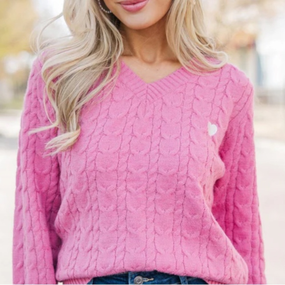 Shop the Mint NWOT Pink V-Neck Cable Knit Sweater🩷Valentine’s Day🩷 - Picture 12 of 16
